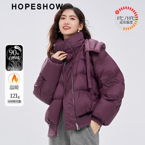 红袖小众保暖羽绒服冬季2024新款女装绗缝罗纹拼接拉链领连帽短外套 酱果色