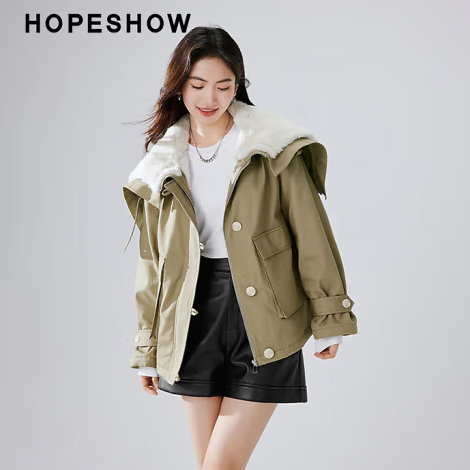 红袖别致兔毛派克服冬季2023新款女装抽绳落肩拉链连帽领小众宽松外套 尾草绿
